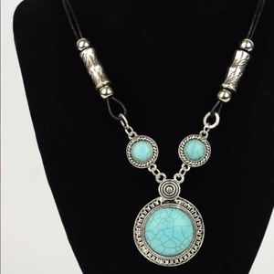 Turquoise and Silver Pendant Corded Necklace